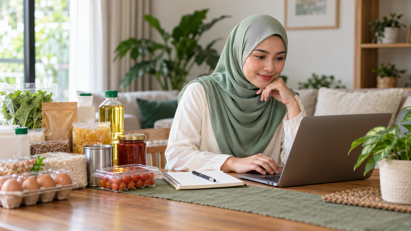 Woman using a laptop beside groceries and a notebook at home.