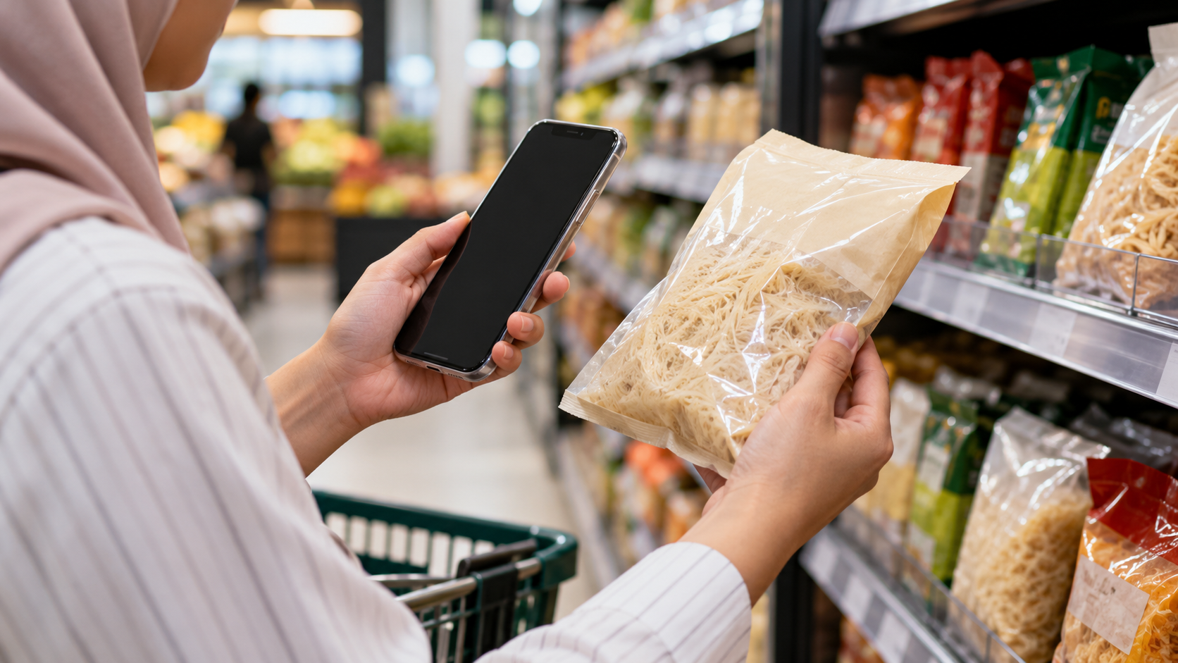 verification.png
Shopper holding a packaged food item beside a smartphone.